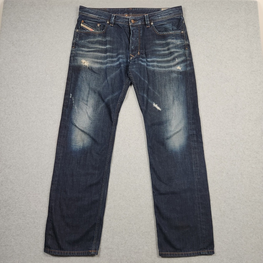 Diesel Larkee Jeans 36x32 Blue 0813Q Dark Wash Distressed Whiskers Fade